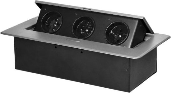 Stekkerdoos met 3 stopcontacten - Pop up stekkerblok zonder kabel - Inbouw Verdeelstekker met RVS afwerking - Verdeeldoos 230 Volt - voor max. 3680 Watt - Penaarde - Zilver