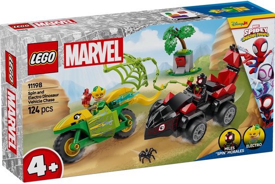 LEGO Marvel Spidey en zijn geweldige vriendjes Spin en Electro achtervolging met dinosaurusvoertuigen - 11198