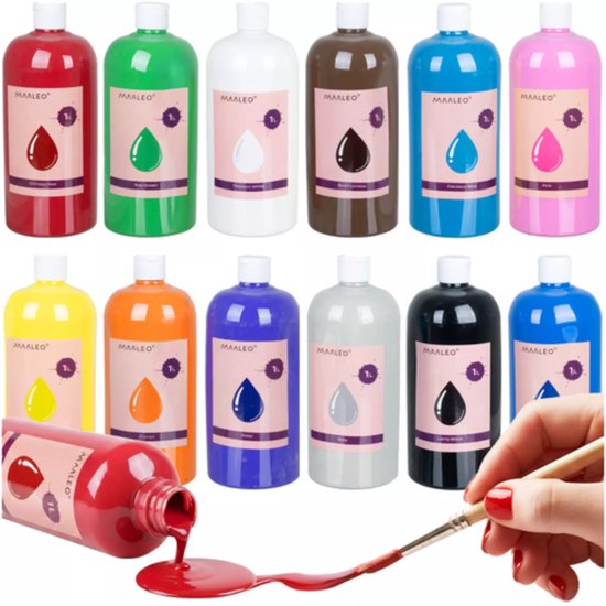 Maaleo plakkaatverf set – 12 intense kleuren van 1L, veilige waterverf voor school en atelier