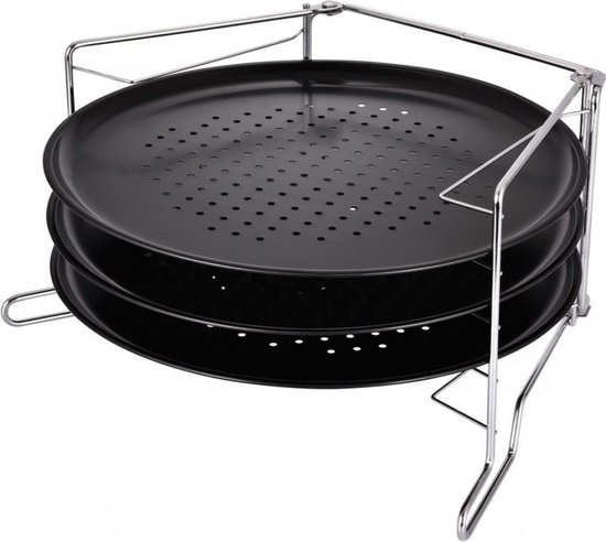 KINGHOFF - Pizza Tray Set - 4-delig Pizzaplaat en Houder Set - Antiaanbak Pizzatrays met Standaard - Pizza Accessoires Keuken - Ø32.3cm - Staal