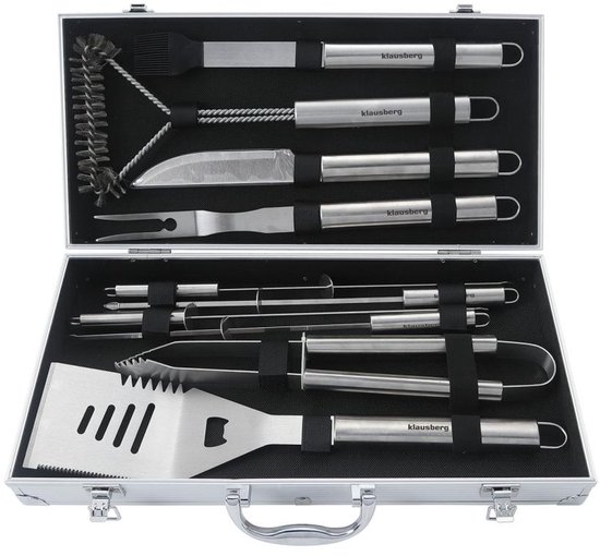 Klausberg KB-7901 Barbecue Set – 10-delige Grillaccessoires in Opbergcase (RVS, Compleet) - BBQ Tangenset - Giftset - BBQ set - Kamado / Gasbarbecue