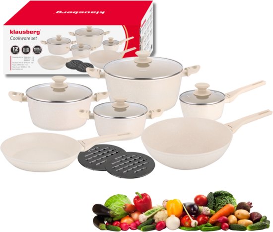 Klausberg KB-7959 Pannenset 12 Delig Beige | Marmer Anti-aanbaklaag | Inclusief Koekenpan en Wok | Geschikt voor Inductie | Cremewit