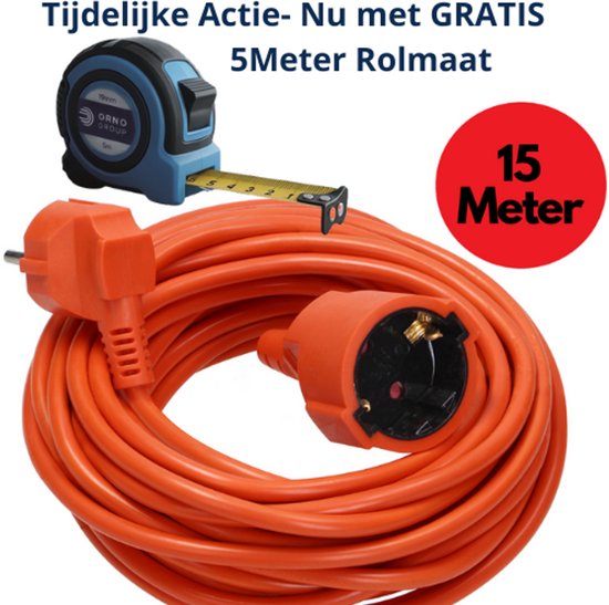 Verlengsnoer 15 meter - Verlengkabel 3680 Watt - Verlengsnoer - voor buitengebruik en camping - IP20 - 3 x 1,5 mm² - Oranje