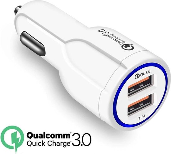 Maclean MCE478 W USB-oplader met 2 sleuven 12-24V sigarettenaansteker Quick Charge 3.0 Snelladen auto 1xQC3.0 5V / 3A, 9V / 1.8A, 12V / 1.6A 1x 5V / 3.1A Auto-oplader voor mobiele telefoon Wit