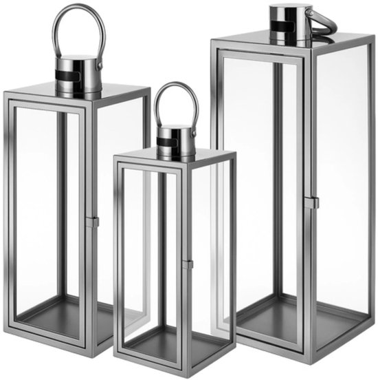 Ruhhy zilveren lantaarns set 38‑49‑63 cm – modern design, set van 3 – staal & glas zilver