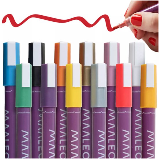 Maaleo Acrylstiften set van 12 – decoratieve waterdichte verfmarkers voor glas, hout, textiel en creatieve DIY-projecten