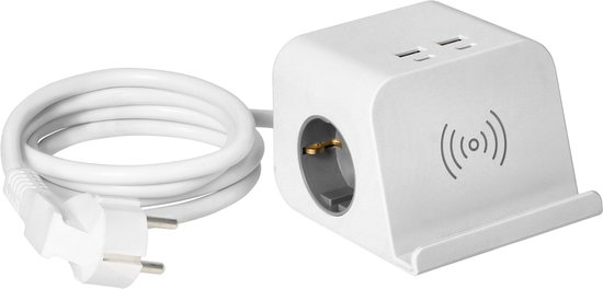 Bureau stekkerdoos met USB A & C en draadloze oplader - Verdeelstekker met kabel - Verdeeldoos met schroefklem - Stopcontact met splitter 2 voudig - Wit
