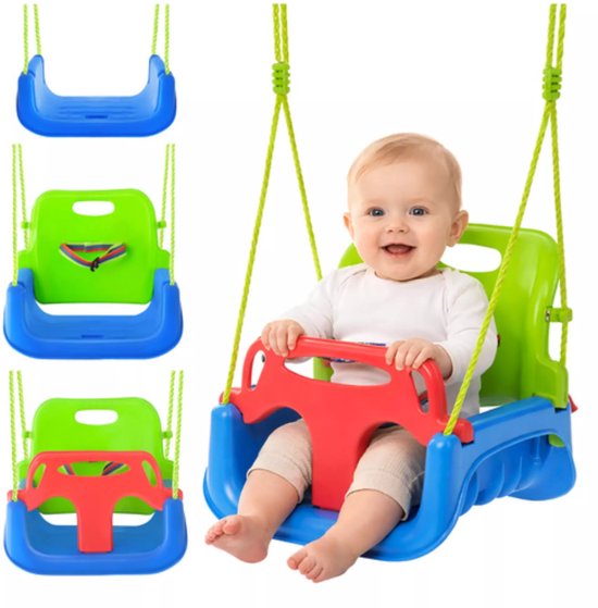 Kruzzel 3-in-1 kinderswing blauw groen rood met veiligheidszitje 43 x 38 x 37,5 cm en verstelbare touwen 120 tot 150 cm