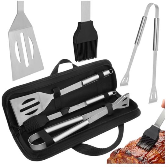 Kaminer Barbecue set met tang, spatel en borstel in stevige koffer voor tuin, camping en onderweg