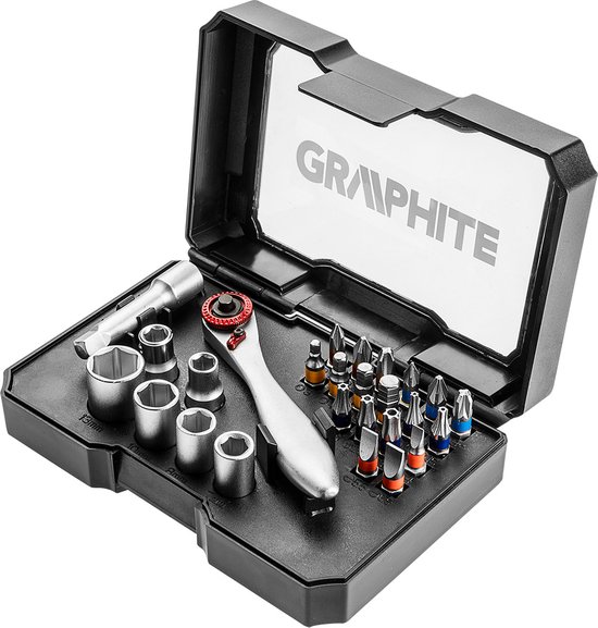 GRAPHITE Bit-dopset 26-Delig - Ratelbitset - Handige Mini Ratel - S2 Staal - Pro Ratel - Zyklop Doppen