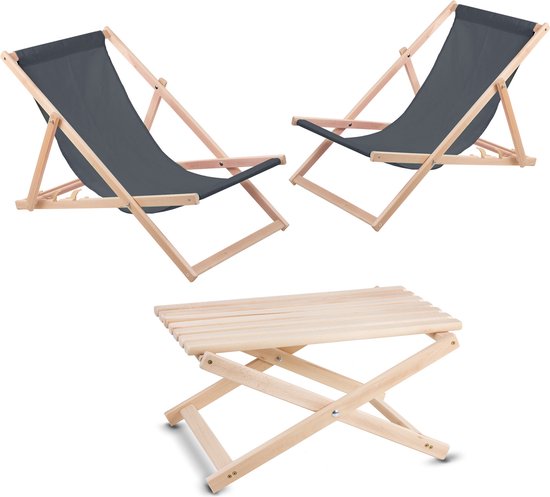 Tuinset - 2 ligstoelen Grijs + Tafel van beukenhout van hoge kwaliteit
