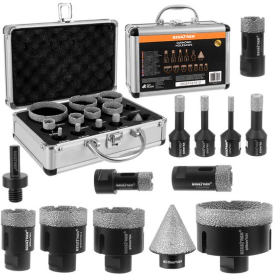 Bigstren Diamant gatenzaagset M14 6-68 mm met 11 maten, adapter en aluminium koffer