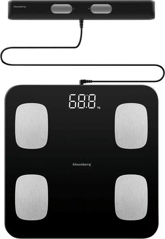 Klausberg 7852 - Slimme Bluetooth Personenweegschaal met Lichaamsanalyse en Handgreep – Gewicht, BMI, Vetpercentage, Spiermassa, Kleurendisplay - zwart