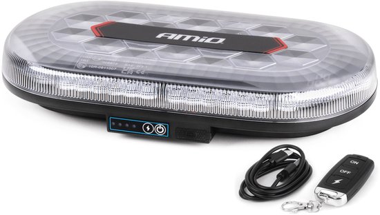 AMiO Oranje LED Batterij Zwaailicht Noodverlichting met Afstandsbediening en Dubbele Magneet 12/24V Oplaadbaar - ECE R65 en R10 gecertificeerd openbare weg