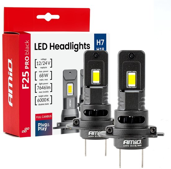 AMiO F25 PRO BLACK Edition H7 LED Koplampen 12/24V – 7646 Lumen 6000K Daglichtwit FULL CANBUS