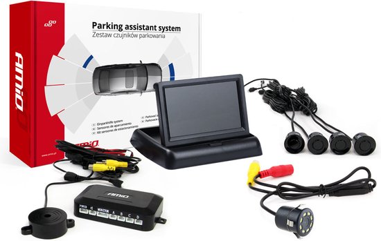 AMiO Parkeerhulpsysteem TFT02 4,3 inch LCD Beeldscherm - HD308LED Camera en 4 Zwarte Sensoren voor Auto