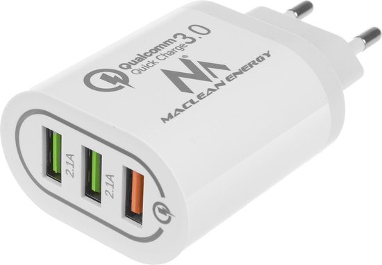Maclean Energy MCE479 W - Adapter oplader - Oplaadstekker - wit Qualcomm Quick Charge QC 3.0 - 3.6-6VV / 3A, 6-9V / 2A, 9-12V / 1.5A en 2 stopcontacten 5V / 2.1A Wit