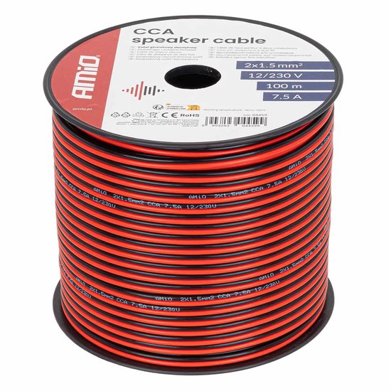 CCA luidsprekerkabel zwart/rood 2×1,5mm2 100m 7,5A