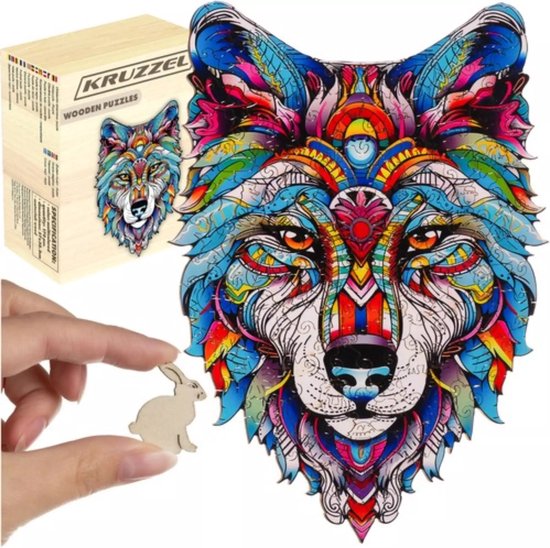Kruzzel Houten Wolf Puzzel – 170 Stukken – Kleurrijke en Unieke Decoratieve Puzzel