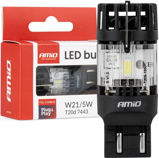 AMiO LED Lamp LumiTec T20D 7443 W21/5W 12V FULL CANBUS – Witte Dual-Filament LED Vervanger (1 stuk)