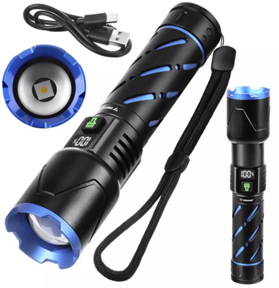Trizand Tactische LED zaklamp 800 lumen zwart aluminium met zoom, USB-C opladen en 5000 mAh batterij