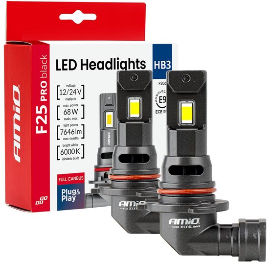 AMiO F25 PRO BLACK Edition HB3 LED Koplampen 12/24V 7646 Lumen 6000K Daglichtwit FULL CANBUS