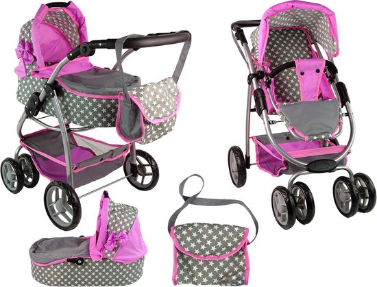 2-in-1 Poppenwagen met tas - Grijs, roze, wit met sterren - Kinderwagen en reiswieg voor poppen tot 40 cm - Geschikt vanaf 3 jaar