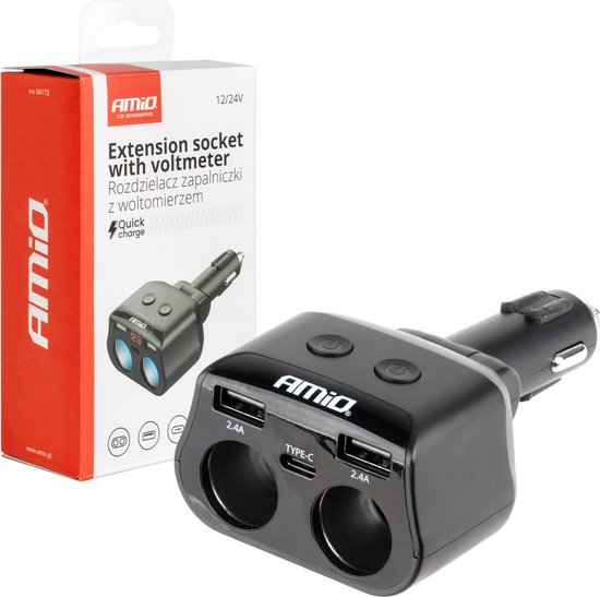 AMiO Dubbele Sigarettenaansteker Plug Splitter met (2x USB-A & 1x USB-C) 12V/24V en Voltmeter Zwart