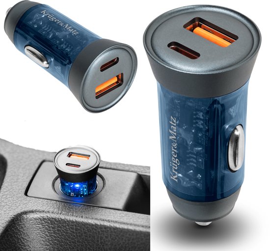 Krüger&Matz KM0872 - Autolader - USB A & USB C - 43W - Snel Opladen