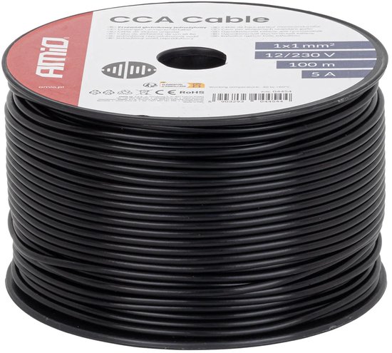 CCA-kabel zwart 1x1mm2 100m 5A 12/230V