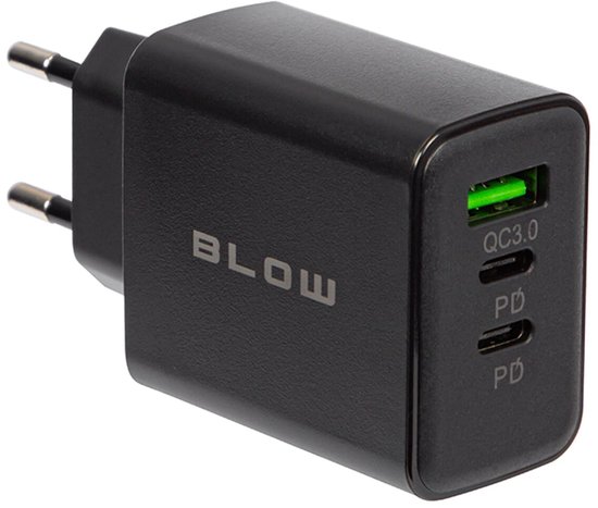 BLOW USB Lader 40W - Snellader met 2x USB-C & USB-A - PD & QC3.0 - Zwart