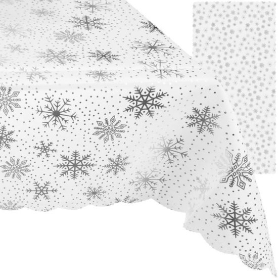 Ruhhy Kersttafelkleed 260x140cm - Elegant Wit met Zilveren Sneeuwvlokken
