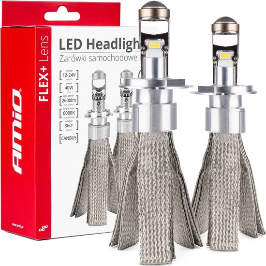 AMiO LED Autolampen FLEX+ serie H4 lens 12V 24V 6000K Canbus Dimlichten Wit