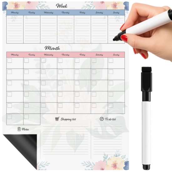 Ruhhy magnetische koelkastplanner 60x45 cm – droog uitwisbare week- en maandplanner met marker