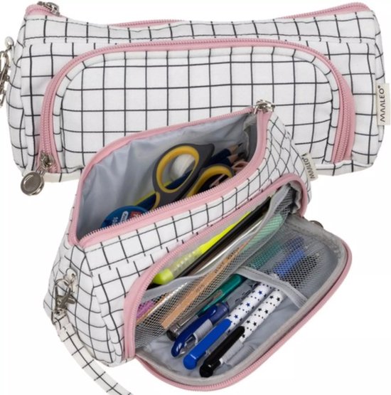 Maaleo Dubbele Uitbreidbare Etui - Wit Geruit - Twee Compartimenten - Mesh Organizer
