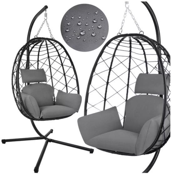 Gardlov Hangstoel cocoon met frame zwart en grijze kussens 194 cm draagkracht 150 kg voor tuin, terras of balkon