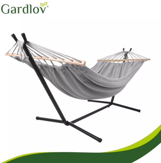 Gardlov Grijze tweepersoons hangmat met frame 200 x 150 cm belastbaar tot 250 kg