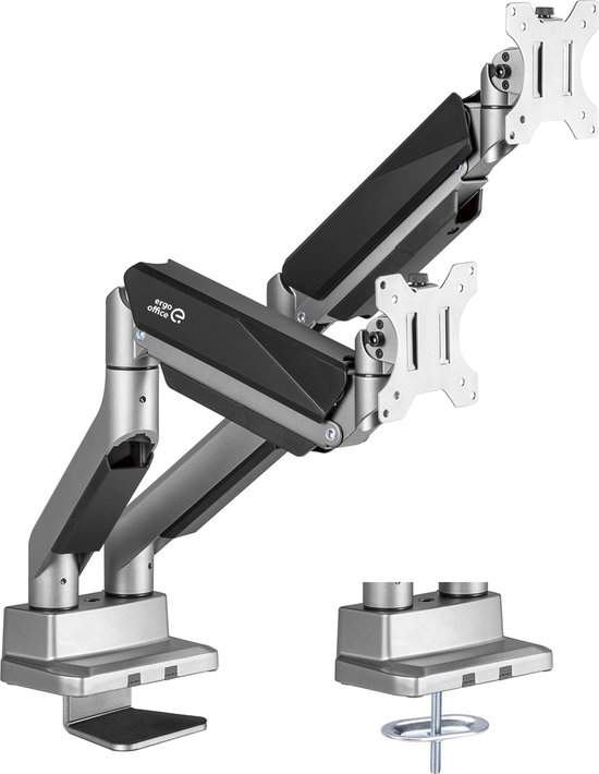 Ergo Office - 2-compartiment monitorhouder met gasveer | 17-35" - Draaibaar | Kantelbaar - In hoogte verstelbaar | Dubbele arm VESA 75x75 100x100