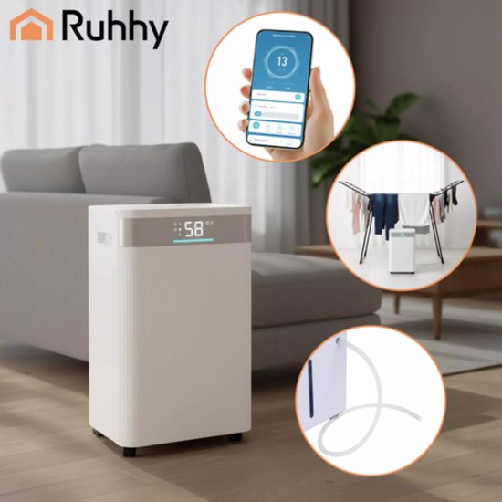 Ruhhy Slimme luchtontvochtiger Brisoo 2000 – 20L/24h capaciteit, WiFi-bediening, stille werking en 4,3L tank voor thuisgebruik