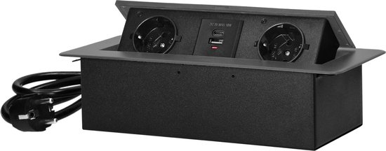 Orno Pop-up Bureau stekkerdoos - Stekkerblok met 2 stopcontacten - USB A & C - Inbouw Verdeelstekker met 1.5 meter kabel - Antraciet