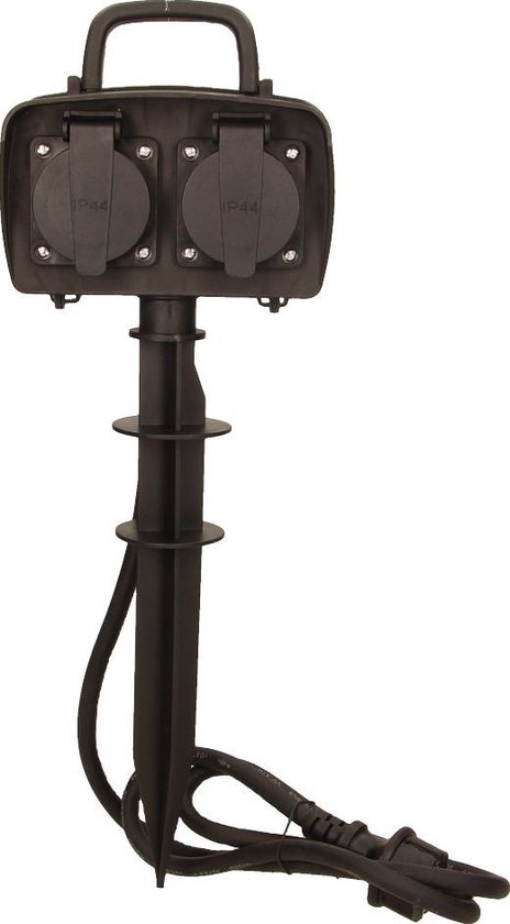 Tuincontactdoos met 2 stopcontacten en grondpen - Buitencontactdoos IP44 Spatwaterdicht - Buiten stekkerdoos met kabellengte 1.5 meter - Max. 3680 W - Zwart