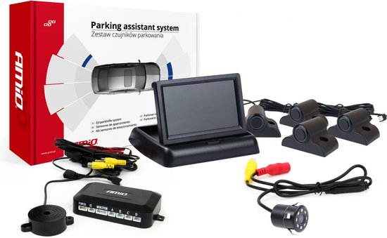AMiO Parkeerhulpsysteem TFT02 4,3 inch LCD Beeldscherm - HD307IR Camera en 4 Zwarte Sensoren voor Truck en Grote Voertuigen