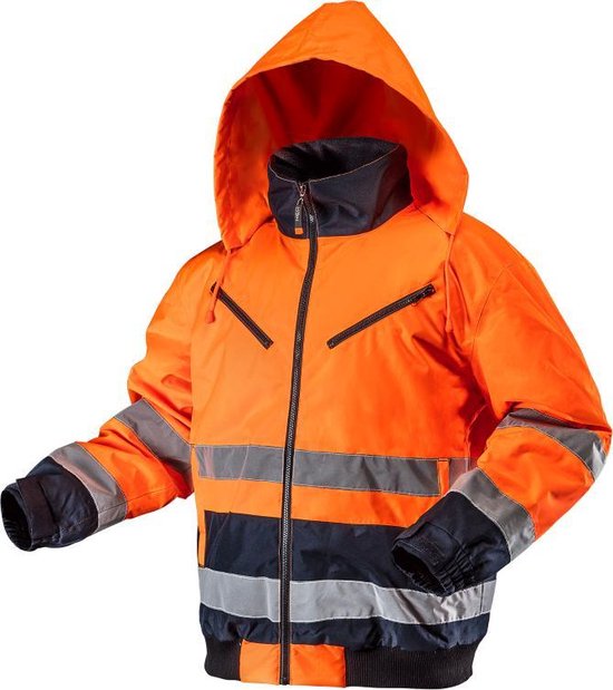 Neo Tools Hi-Vision Gevoerde Werk Jas Flu Oranje L/52 Donkere Stof Water En Wind Bestendig ISO 20471:2013 ISO 13688:2013