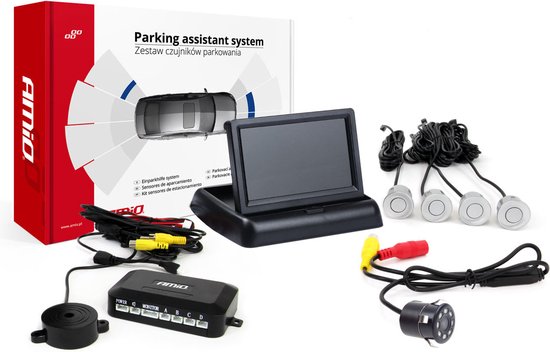 AMiO Parkeerhulpsysteem TFT02 4,3 inch LCD Beeldscherm - HD308LED Camera en 4 Zilveren Sensoren voor Auto