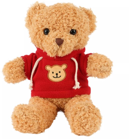 Kruzzel Zachte teddybeer 30 cm – lichtbruine pluche beer met rode trui, veilig voor kinderen
