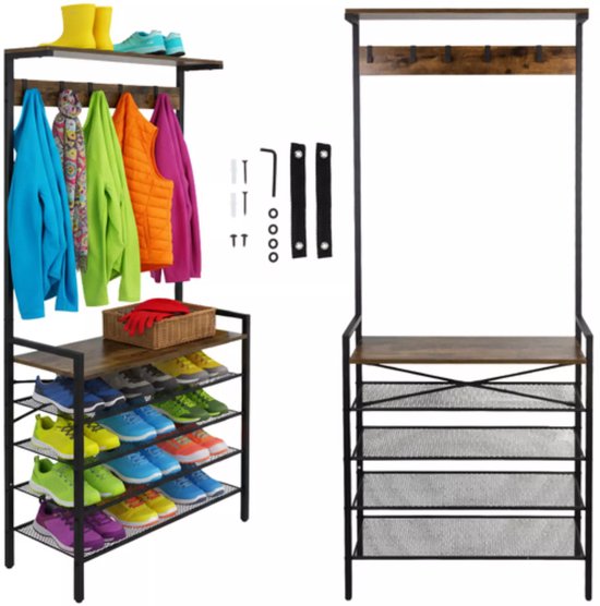Ruhhy staande kapstok 189 cm – metalen frame met houten planken en 5 dubbele haken, industrieel ontwerp voor hal of kantoor