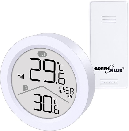 GreenBlue - Draadloze weerstation - temperatuur IN/OUT - klok - keuze uit °C / °F - bereik tot 60 m - GB162 - Wit