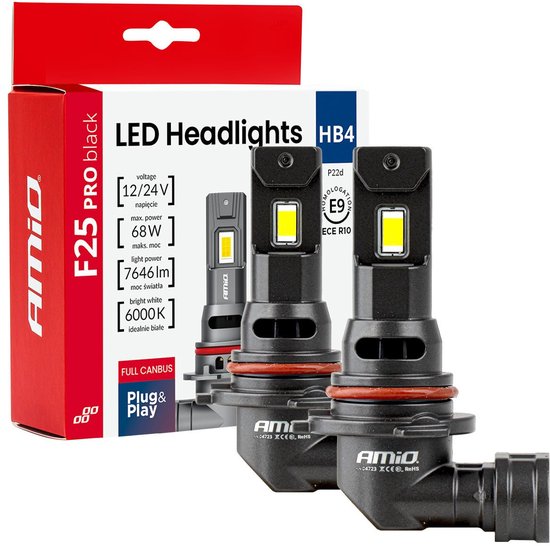 AMiO F25 PRO BLACK Edition HB4 LED Koplampen 12/24V 7646 Lumen 6000K Daglichtwit FULL CANBUS