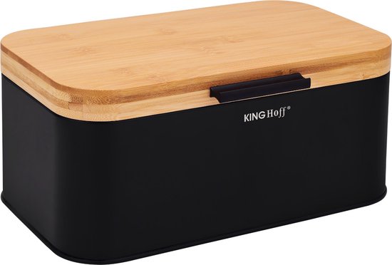KINGHOFF - Broodtrommel - Compacte Brooddoos met Bamboe Deksel - Staal Broodbox - Brood Bewaarbox Keuken - Moderne Broodtrommel - 30 x 20 cm - Zwart