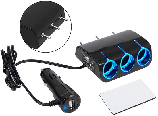 BLOW Auto Sigarettenaansteker Splitter - 3x Socket + 1x USB - CS-34 - 12V/24V - LED Verlichting - Met Schakelaars